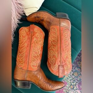 Tony Lama Orange and Brown Embroidered Leather Western Heeled Boots